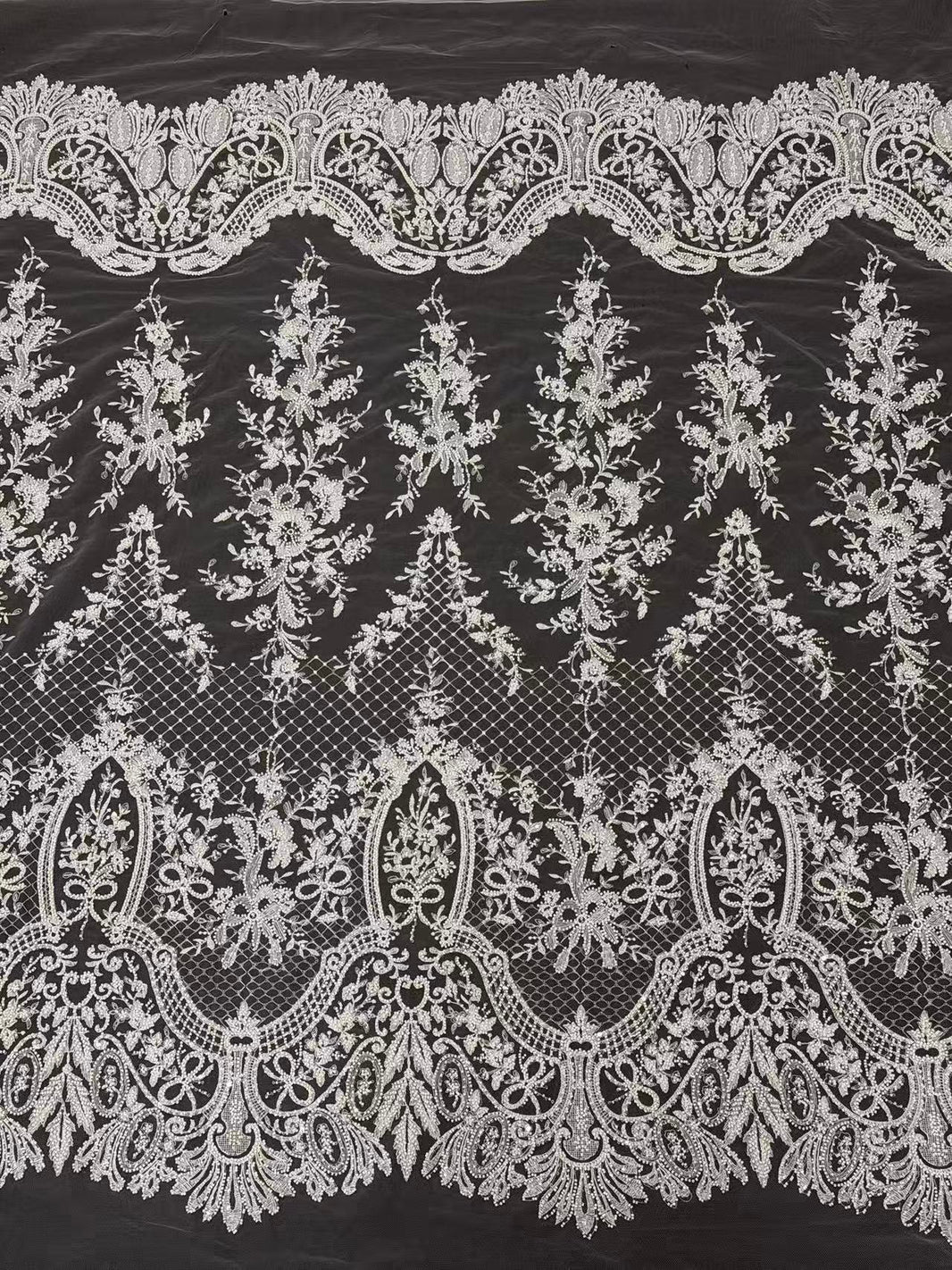 Ivory White Heavy Beaded & Sequin Baroque Lace Fabric
