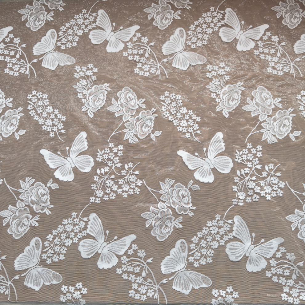 Ivory White Butterfly & Floral Jacquard Tulle Lace Fabric
