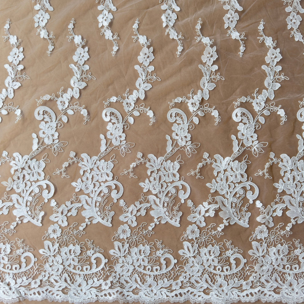 Ivory White Corded Embroidery Lace Fabric