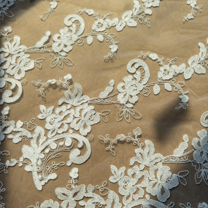 Ivory White Corded Embroidery Lace Fabric