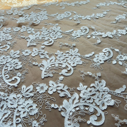 Ivory White Corded Embroidery Lace Fabric
