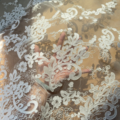 Ivory White Corded Embroidery Lace Fabric