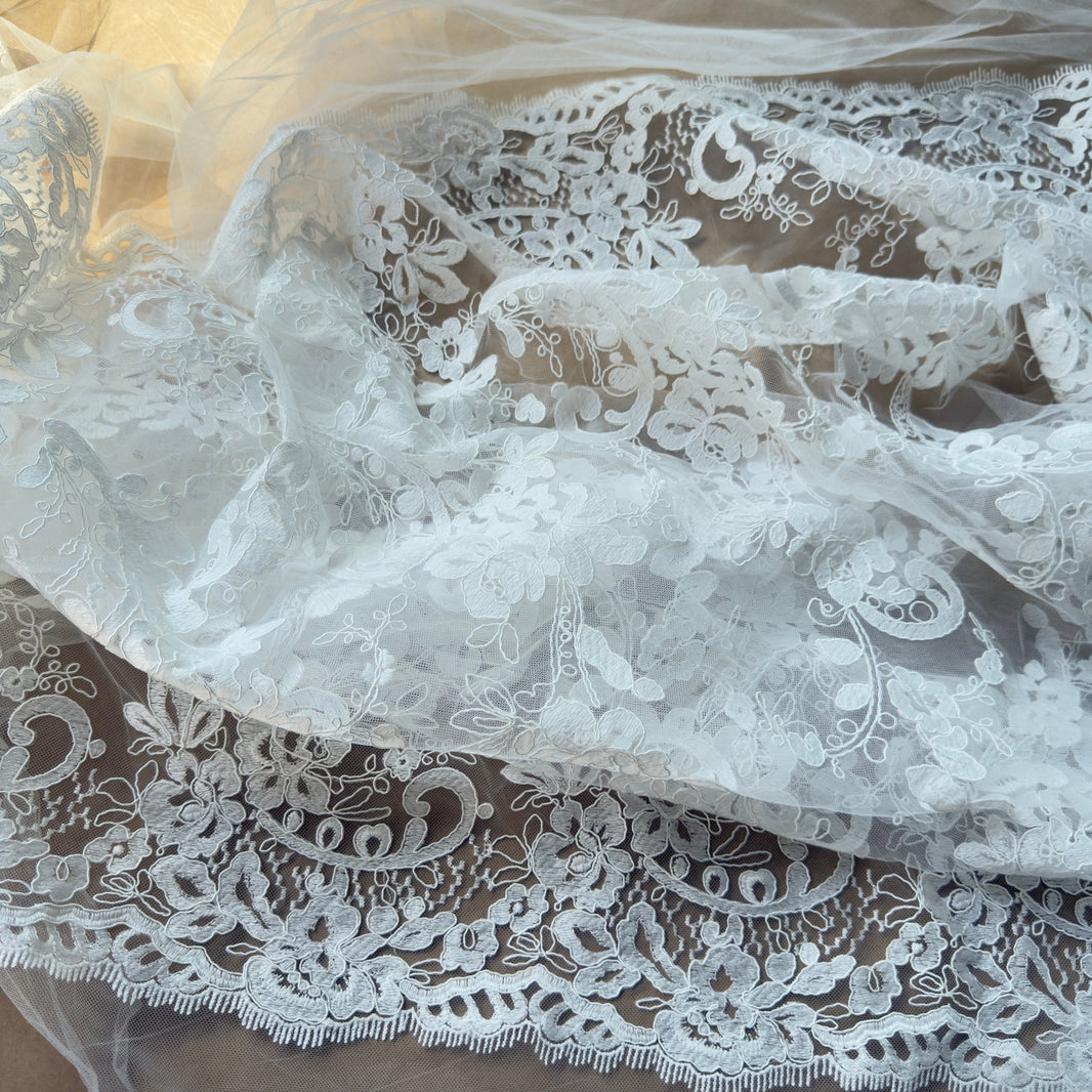 Ivory White Corded Embroidery Lace Fabric
