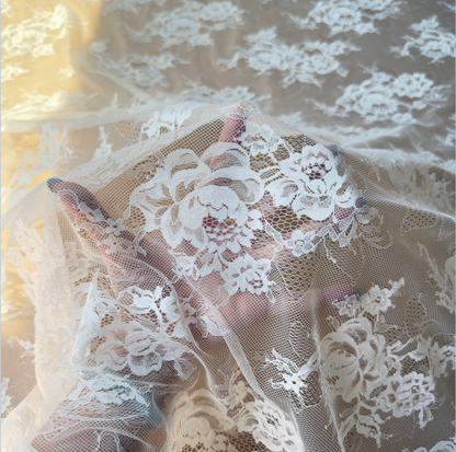 Ivory White Rose Floral Lace Fabric