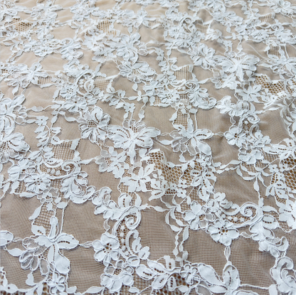 Ivory White Corded Floral Lace Fabric