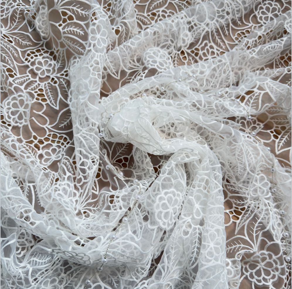 Ivory White Guipure-Style Embroidery Lace Fabric