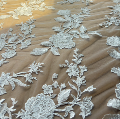 Ivory White Rose Embroidery Lace Fabric