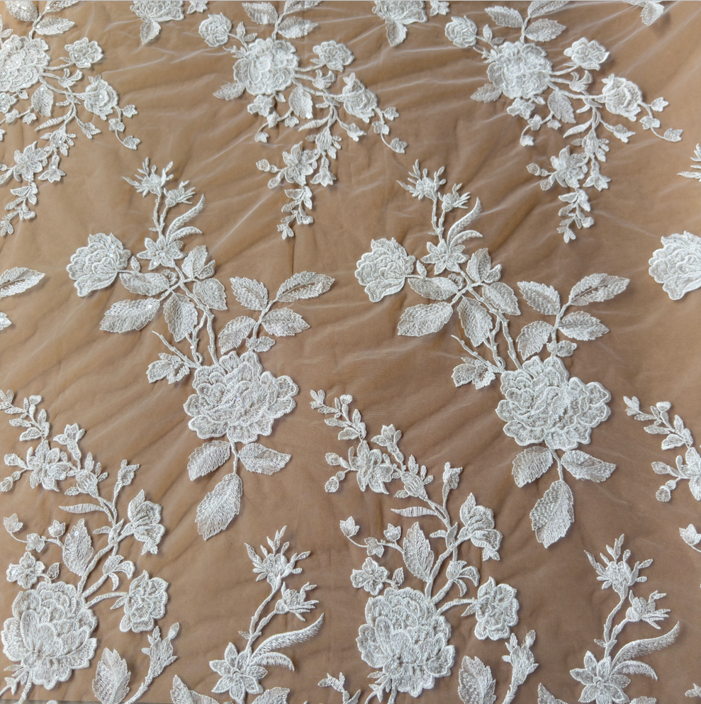 Ivory White Rose Embroidery Lace Fabric