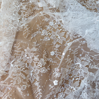 Ivory White Beaded & Sequin Floral Lace Fabric
