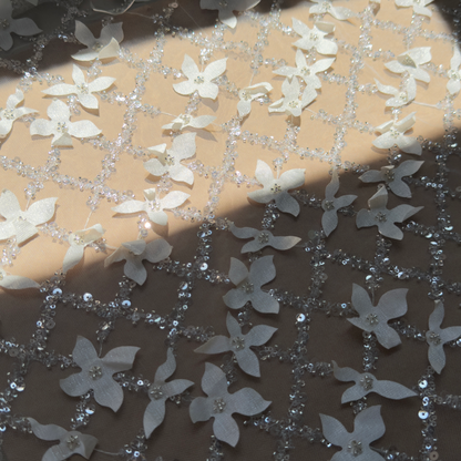 Ivory White 3D Beaded Floral Lace Fabric