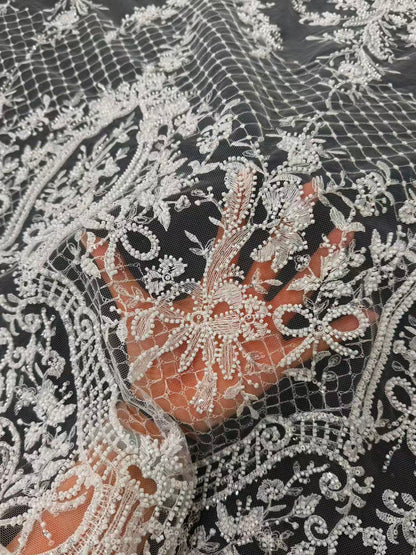 Ivory White Heavy Beaded & Sequin Baroque Lace Fabric