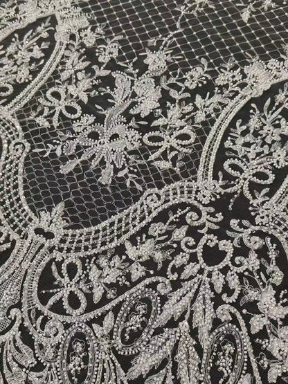 Ivory White Heavy Beaded & Sequin Baroque Lace Fabric