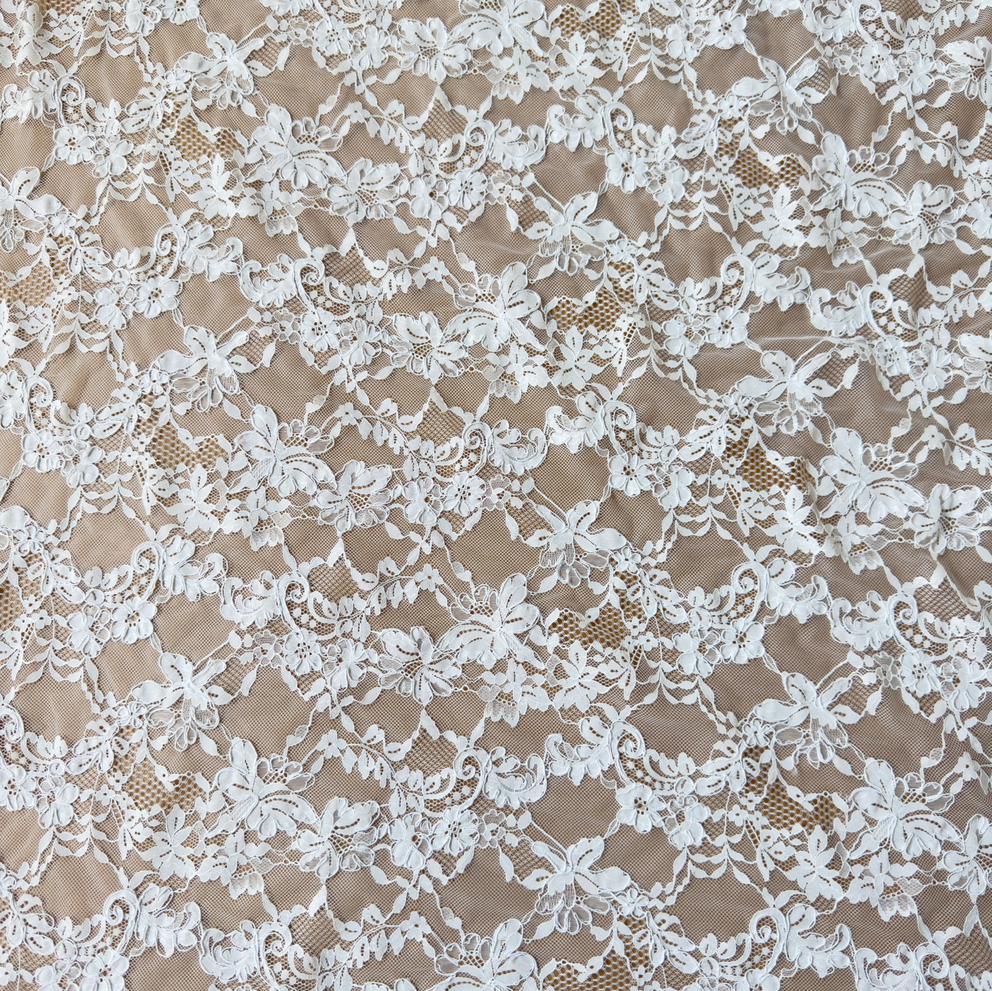 Ivory White Corded Floral Lace Fabric