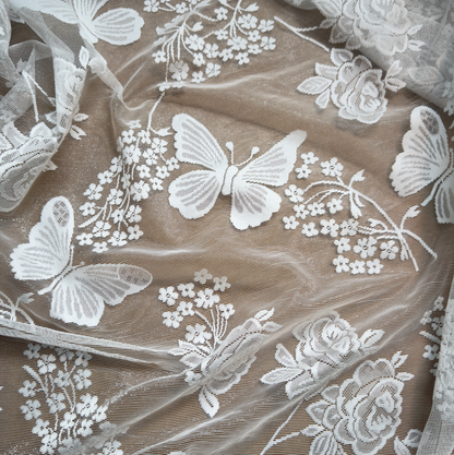 Ivory White Butterfly & Floral Jacquard Tulle Lace Fabric