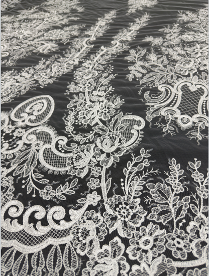 Ivory White Ornate Baroque Embroidery Lace Fabric