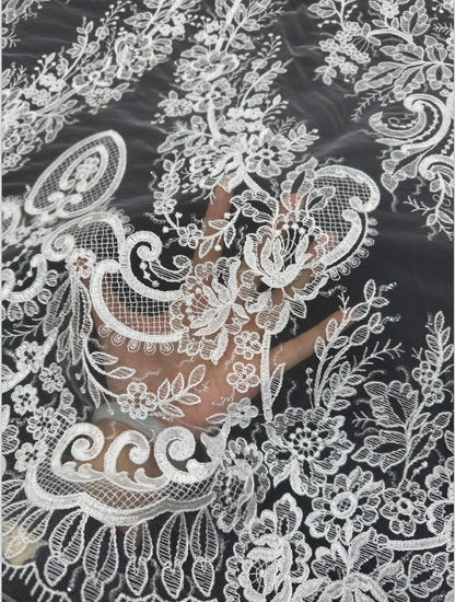 Ivory White Ornate Baroque Embroidery Lace Fabric