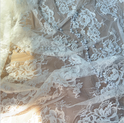 Ivory White Rose Floral Lace Fabric