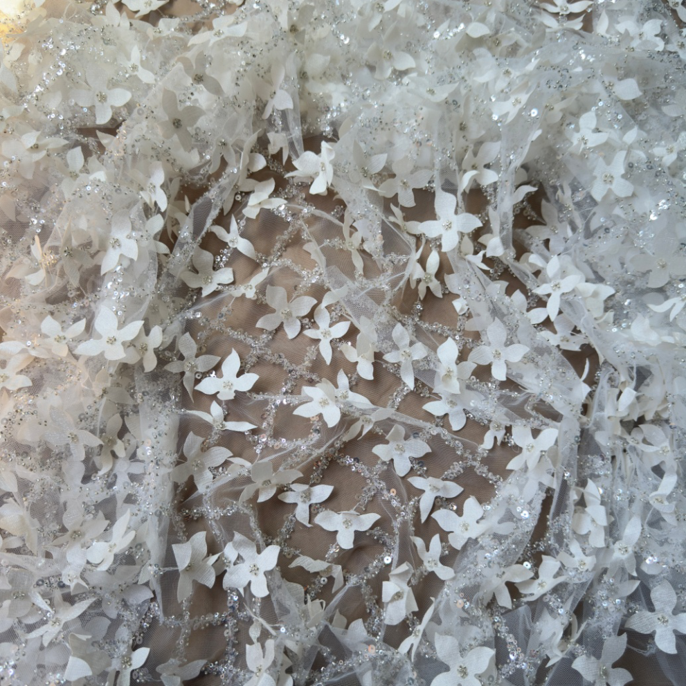 Ivory White 3D Beaded Floral Lace Fabric
