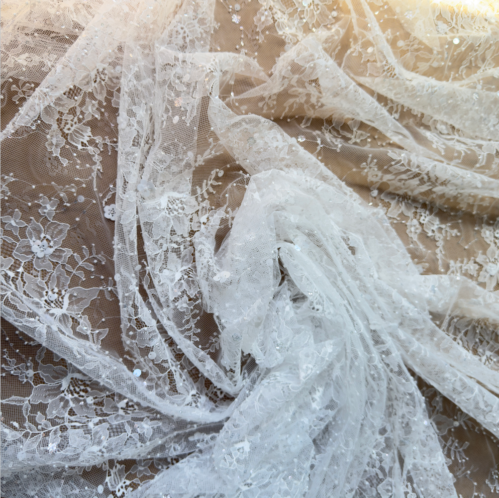 Ivory White Beaded & Sequin Floral Lace Fabric