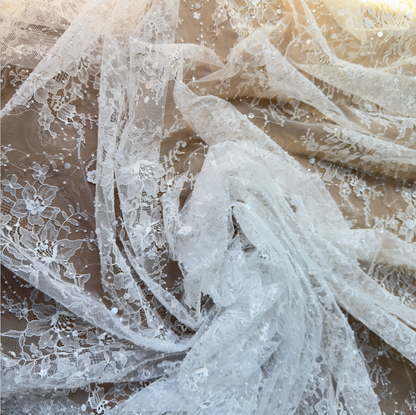 Ivory White Beaded & Sequin Floral Lace Fabric