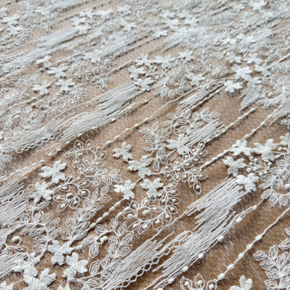 Beige Fringe Floral  Bridal  Tulle Lace