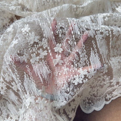 Beige Fringe Floral  Bridal  Tulle Lace