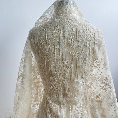 Beige Fringe Floral  Bridal  Tulle Lace