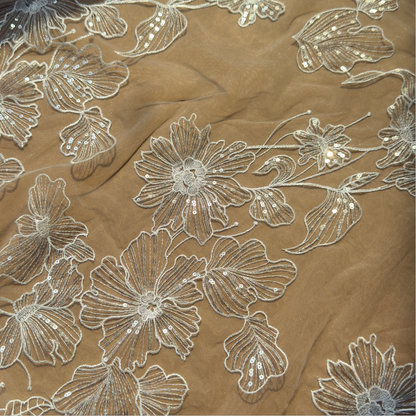 Ivory White Sequin Embroidered Floral Lace Fabric