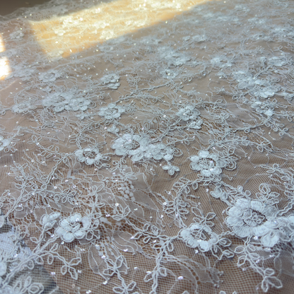 Ivory White Floral Vine Sequin Embroidered Lace Fabric