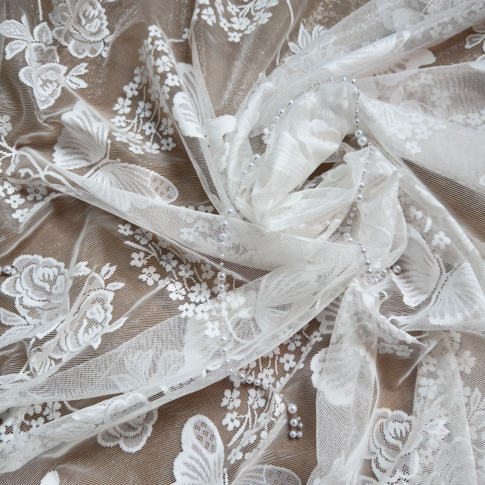 Ivory White Butterfly & Floral Jacquard Tulle Lace Fabric