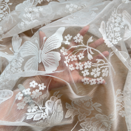 Ivory White Butterfly & Floral Jacquard Tulle Lace Fabric