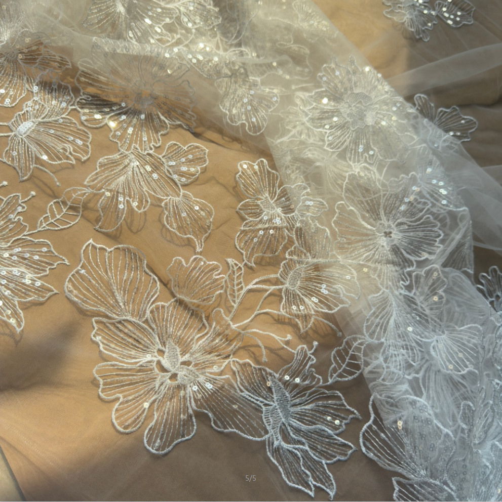 Ivory White Sequin Embroidered Floral Lace Fabric