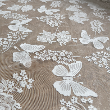 Ivory White Butterfly & Floral Jacquard Tulle Lace Fabric