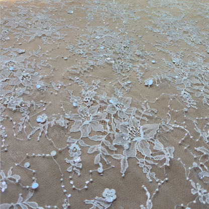 Ivory White Beaded & Sequin Floral Lace Fabric