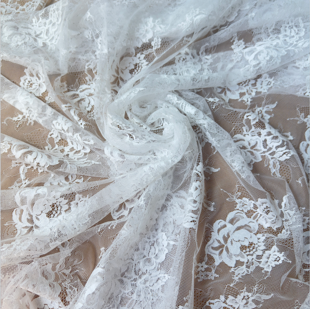 Ivory White Rose Floral Lace Fabric
