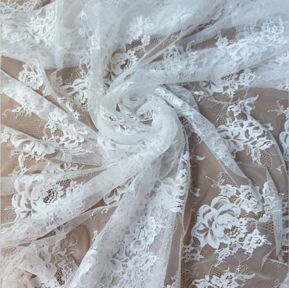 Ivory White Rose Floral Lace Fabric