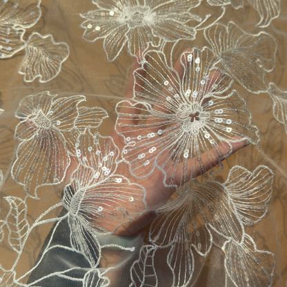 Ivory White Sequin Embroidered Floral Lace Fabric