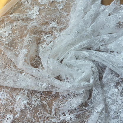 Ivory White Floral Vine Sequin Embroidered Lace Fabric