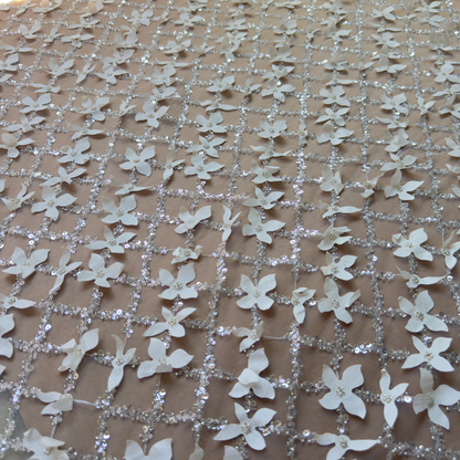 Ivory White 3D Beaded Floral Lace Fabric