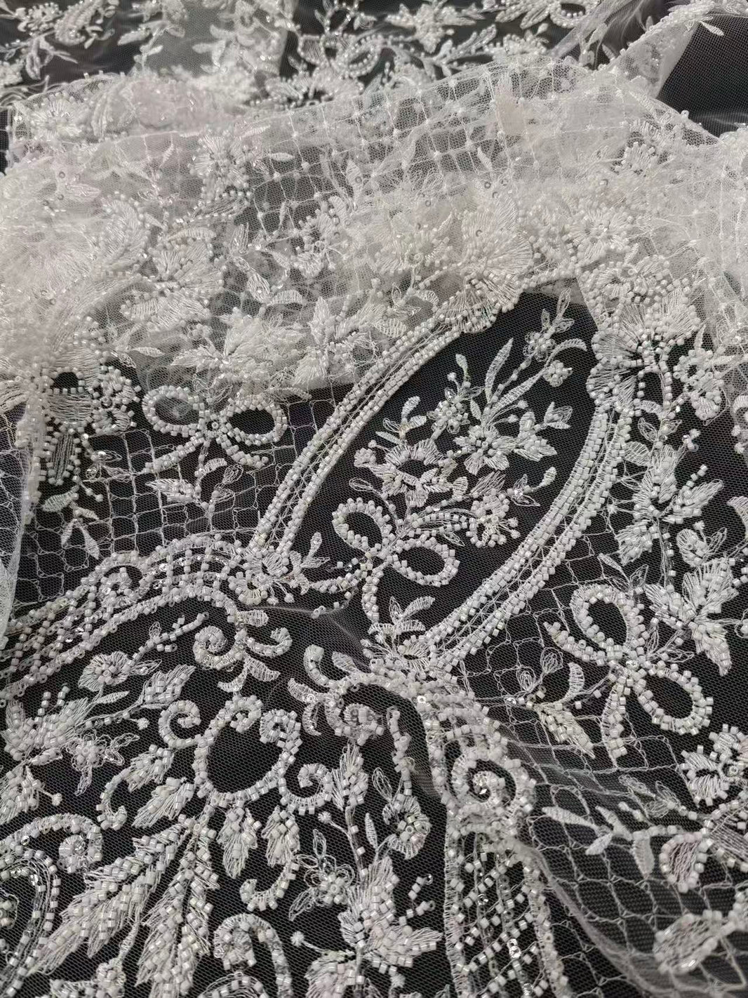 Ivory White Heavy Beaded & Sequin Baroque Lace Fabric