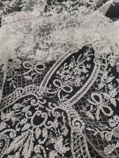 Ivory White Heavy Beaded & Sequin Baroque Lace Fabric