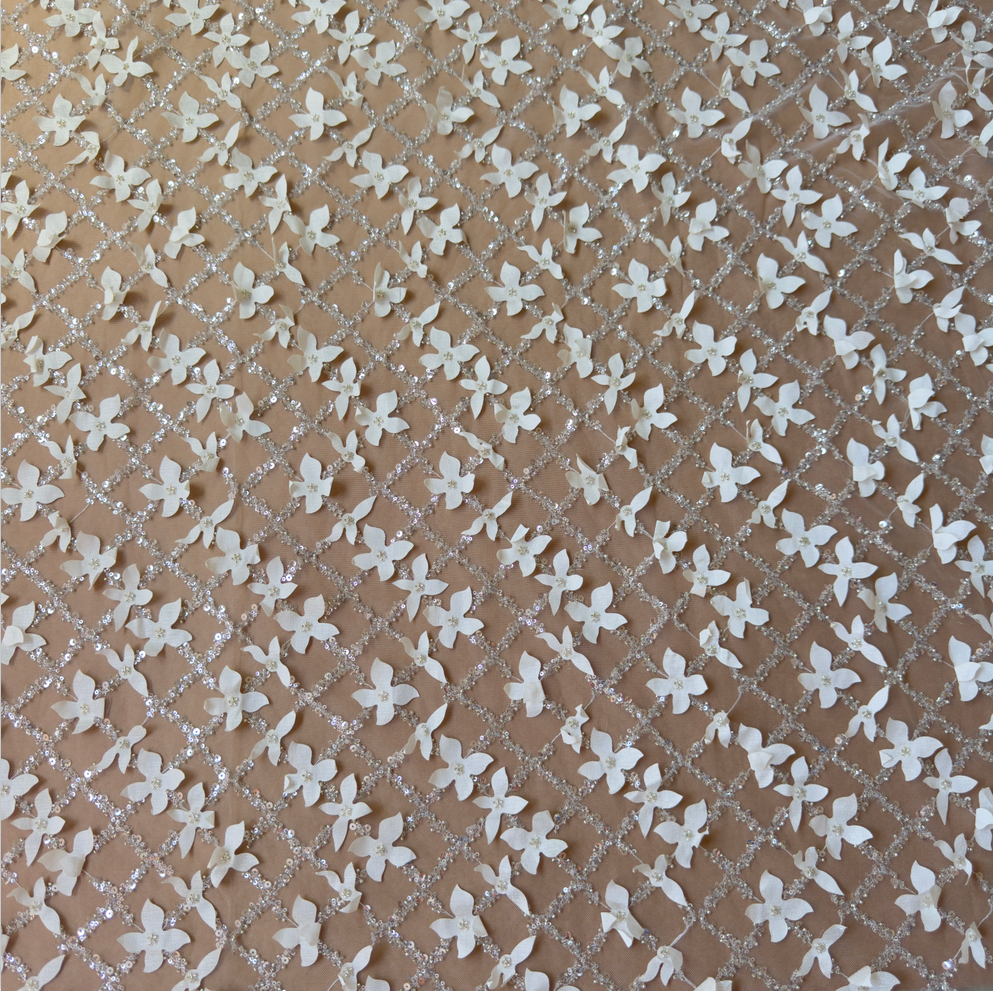 Ivory White 3D Beaded Floral Lace Fabric