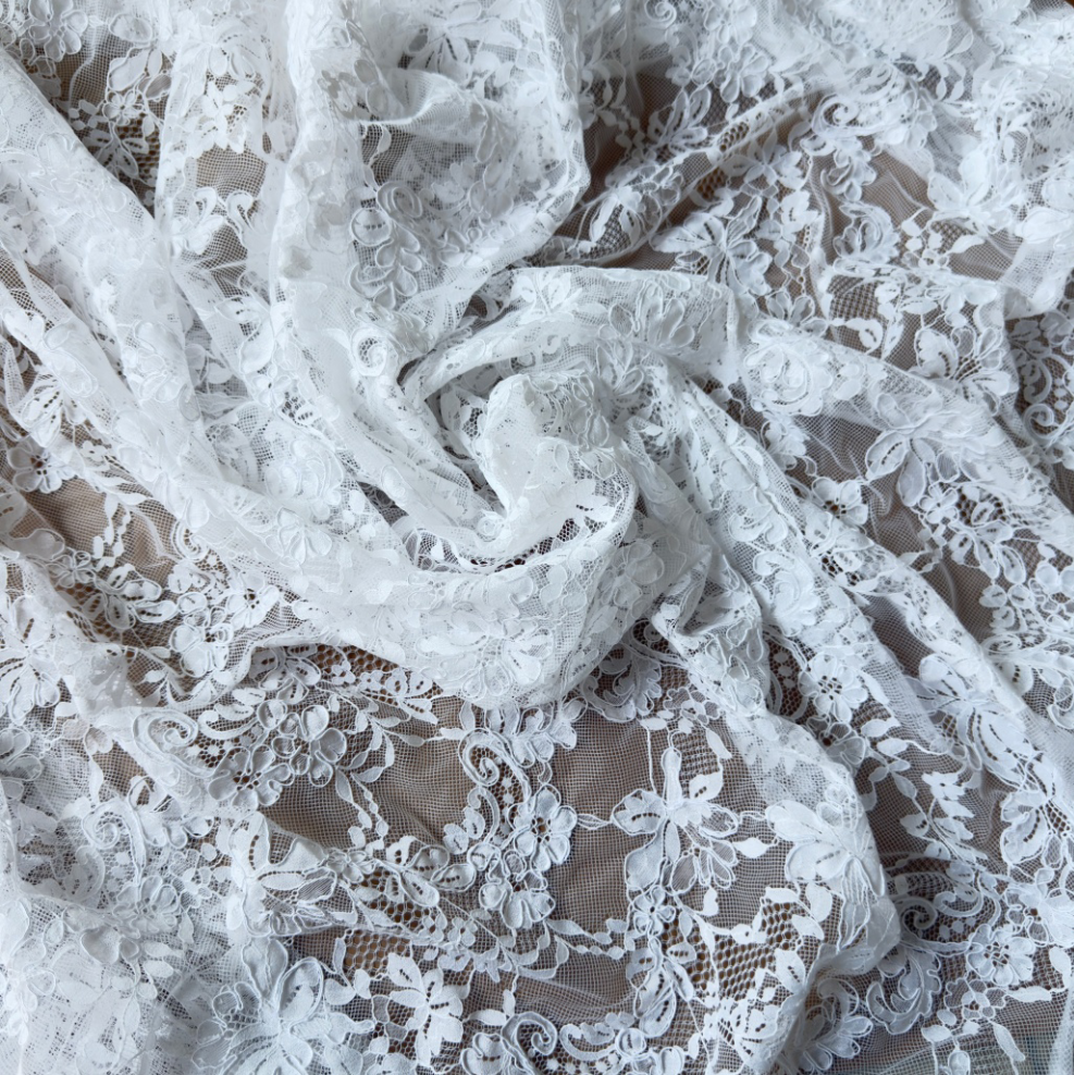 Ivory White Corded Floral Lace Fabric