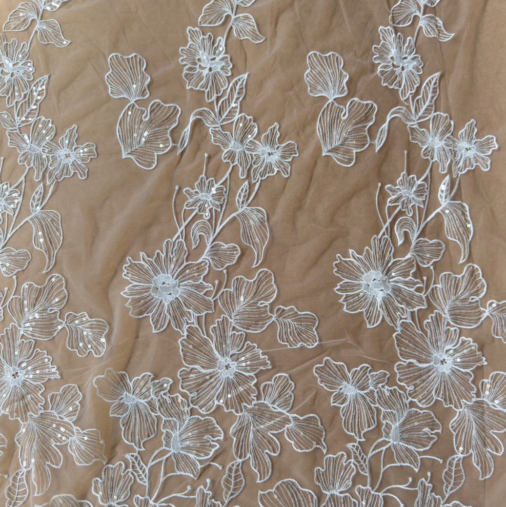 Ivory White Sequin Embroidered Floral Lace Fabric